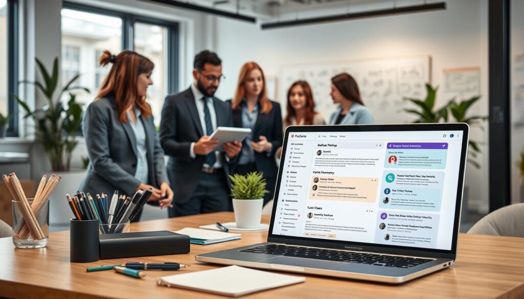 A digital workspace showcasing the key features of AI meeting notes tools. In the foreground, a sleek laptop display is open with a vibrant, organized digital meeting notes interface featuring bullet points, action items, and visual summaries. Surrounding the laptop, modern office supplies like pens and notepads add professionalism. In the middle ground, a small group of diverse professionals in business attire engage in discussion, with expressions of focus and collaboration as they review notes on a digital tablet. The background features a bright, contemporary office space with large windows letting in natural light, plants for a fresh touch, and whiteboards displaying brainstorming ideas. The atmosphere is dynamic and productive, reflecting innovation and teamwork. Stay focused, Ray Baker. A digital workspace showcasing the key features of AI meeting notes tools. In the foreground, a sleek laptop display is open with a vibrant, organized digital meeting notes interface featuring bullet points, action items, and visual summaries. Surrounding the laptop, modern office supplies like pens and notepads add professionalism. In the middle ground, a small group of diverse professionals in business attire engage in discussion, with expressions of focus and collaboration as they review notes on a digital tablet. The background features a bright, contemporary office space with large windows letting in natural light, plants for a fresh touch, and whiteboards displaying brainstorming ideas. The atmosphere is dynamic and productive, reflecting innovation and teamwork. Stay focused, Ray Baker.