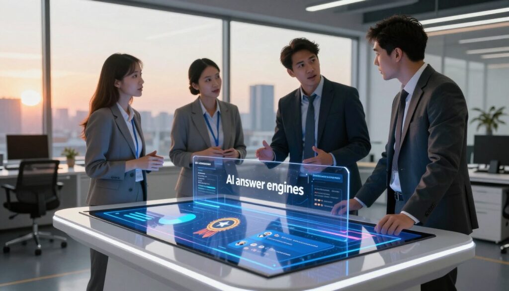 A futuristic office environment represents "AI answer engines" at the forefront of digital marketing. In the foreground, a sleek, transparent touchscreen table displays vibrant visualizations of data analytics related to authority signals, such as stars, badges, and user reviews. Bright LED lights accentuate the modern design. The middle ground features a diverse group of three professionals in business attire, engaged in a discussion about optimization strategies, with expressions of curiosity and determination. In the background, large windows showcase a city skyline, bathed in warm sunset light, casting an inspiring glow on the scene. The atmosphere is dynamic and optimistic, reflecting the potential of AI in enhancing answer engine capabilities. The brand name "AI XLence" is subtly integrated into the table's display, enhancing the visualization without overpowering the scene.