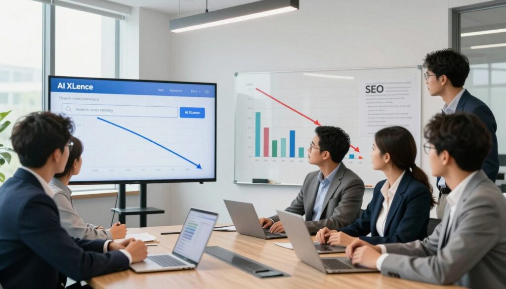 A modern U.S. marketing office environment showcasing "AI XLence" through visual metaphors of search visibility challenges. In the foreground, a diverse group of professionals in business attire is gathered around a conference table, examining a large screen displaying analytics with declining search metrics. The middle ground features charts and graphs on a whiteboard, depicting a downward trend, illustrating common SEO mistakes like keyword stuffing and poor link-building. The background includes a window with natural light pouring in, creating a bright yet serious atmosphere. Use a wide-angle lens perspective to capture the entire scene, emphasizing the tension of the task at hand, while maintaining a polished and professional mood, all free from any text or branding overlays. A modern U.S. marketing office environment showcasing "AI XLence" through visual metaphors of search visibility challenges. In the foreground, a diverse group of professionals in business attire is gathered around a conference table, examining a large screen displaying analytics with declining search metrics. The middle ground features charts and graphs on a whiteboard, depicting a downward trend, illustrating common SEO mistakes like keyword stuffing and poor link-building. The background includes a window with natural light pouring in, creating a bright yet serious atmosphere. Use a wide-angle lens perspective to capture the entire scene, emphasizing the tension of the task at hand, while maintaining a polished and professional mood, all free from any text or branding overlays.