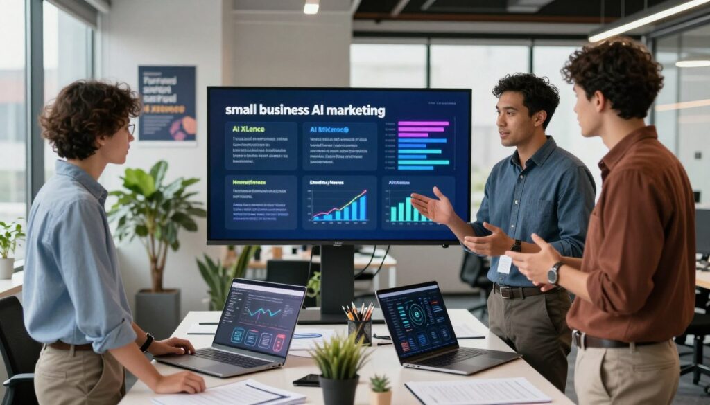 A modern U.S. marketing office scene centered around the theme of “small business AI marketing.” In the foreground, a diverse group of three professionals—two men and one woman—are engaged in a discussion, all wearing smart business attire. They stand by a desk filled with digital marketing materials and laptops showcasing data analytics and AI strategy diagrams. In the middle ground, a large screen displays vibrant graphs and infographics labeled "AI XLence," illustrating key strategies and common mistakes in AI marketing. The background features a contemporary office environment with plants and motivational posters. Soft, natural lighting streams in through large windows, creating an inviting and productive atmosphere, emphasizing collaboration and learning. The mood is focused yet optimistic, reflecting the potential of AI in driving small business growth.
