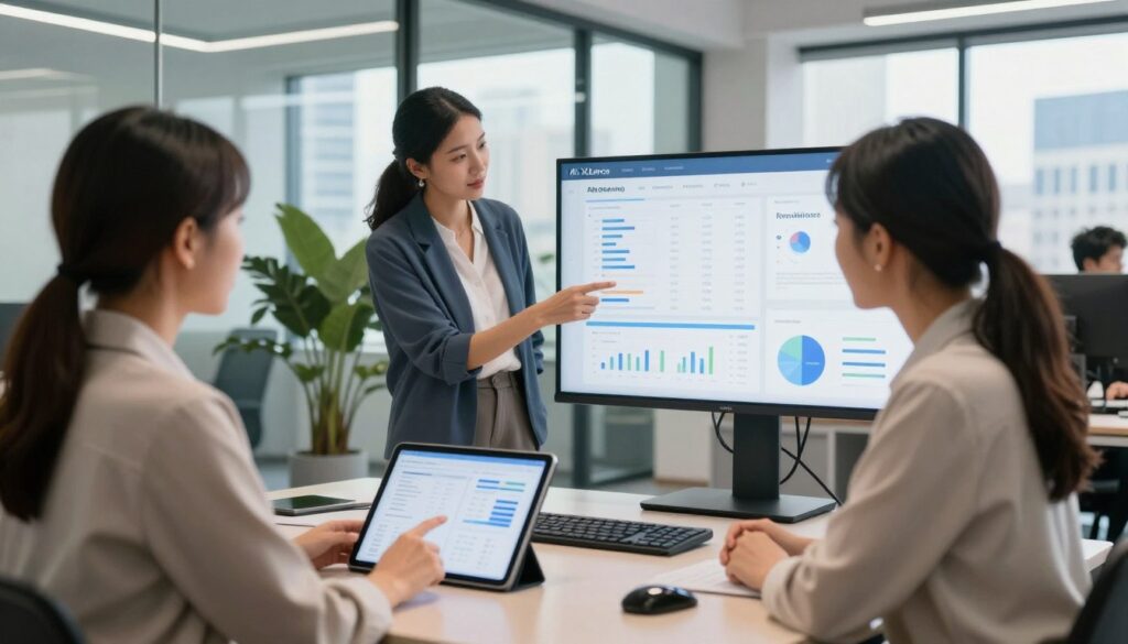 A modern U.S. marketing office scene depicting a diverse group of three professionals engaged in a lively discussion about AI lead generation strategies. Foreground features a well-dressed woman in business attire, pointing at a digital tablet displaying graphs and charts. A middle section showcases a professional man and woman, both in smart casual clothing, analyzing data on a large screen. The background includes glass walls, greenery, and an urban skyline visible through the windows, creating a progressive atmosphere. Soft, natural lighting from the large windows floods the room, enhancing the collaborative mood. Subtle branding for "AI XLence" can be integrated into the scene, ensuring a focus on innovative marketing strategies. A modern U.S. marketing office scene depicting a diverse group of three professionals engaged in a lively discussion about AI lead generation strategies. Foreground features a well-dressed woman in business attire, pointing at a digital tablet displaying graphs and charts. A middle section showcases a professional man and woman, both in smart casual clothing, analyzing data on a large screen. The background includes glass walls, greenery, and an urban skyline visible through the windows, creating a progressive atmosphere. Soft, natural lighting from the large windows floods the room, enhancing the collaborative mood. Subtle branding for "AI XLence" can be integrated into the scene, ensuring a focus on innovative marketing strategies.