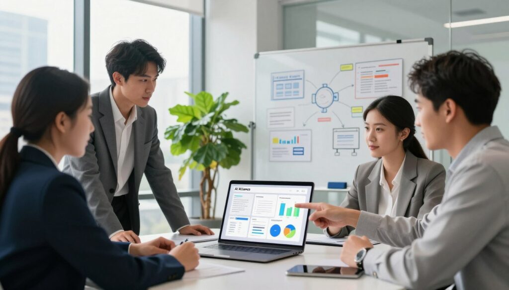 A modern U.S. marketing office scene, illustrating an AI content marketing strategy. In the foreground, a diverse group of three professionals in smart business attire collaborate around a sleek conference table. One is pointing at a digital presentation on a laptop displaying analytics charts and creative content ideas. In the middle, a whiteboard filled with brainstorming ideas and strategies, alongside a vibrant potted plant for a touch of greenery. The background features a large window with soft natural light streaming in, highlighting a city skyline. The overall mood is dynamic and innovative, symbolizing collaboration and cutting-edge technology in marketing. The brand name "AI XLence" is subtly integrated into the digital content on the laptop screen, enhancing the atmosphere of advancement and leadership in AI-driven marketing strategies.