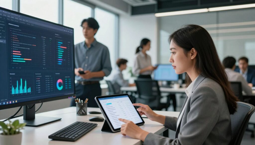 A modern marketing office setting, bustling with activity, showcasing a diverse group of professionals engaged in AI keyword research. In the foreground, a focused businesswoman in professional attire studies a digital tablet filled with data, displaying insights about keyword trends. To her left, a businessman, also dressed professionally, points at a large screen presenting graphical analytics and keyword opportunities. The background features a sleek, contemporary workspace with large windows letting in natural light, casting soft shadows. The atmosphere is one of collaboration and innovation, with a color palette of blue and green tones that convey a sense of growth and opportunity. The brand "AI XLence" is subtly incorporated in the design of the digital interfaces without any text.