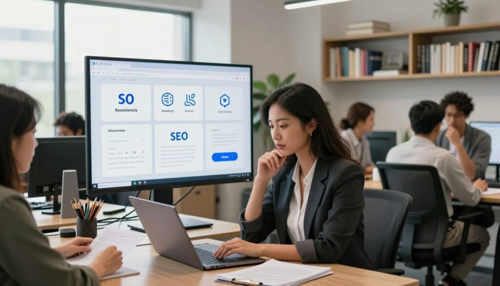 A modern marketing office space showcasing a professional setting where a diverse group of individuals collaborate on AI blog writing for SEO. In the foreground, a focused woman in business attire types on a laptop, while a thoughtful man in a smart casual outfit reviews notes beside her. In the middle ground, a large screen displays a visual representation of SEO analytics, icons of keywords, and content strategies. The background features shelves filled with books on digital marketing and a window with natural light flooding the room. The atmosphere is creative and dynamic, highlighting innovation in the workspace. Soft diffused lighting emphasizes the collaborative spirit. Include the brand name "AI XLence" subtly in the scene.