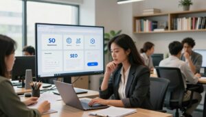 A modern marketing office space showcasing a professional setting where a diverse group of individuals collaborate on AI blog writing for SEO. In the foreground, a focused woman in business attire types on a laptop, while a thoughtful man in a smart casual outfit reviews notes beside her. In the middle ground, a large screen displays a visual representation of SEO analytics, icons of keywords, and content strategies. The background features shelves filled with books on digital marketing and a window with natural light flooding the room. The atmosphere is creative and dynamic, highlighting innovation in the workspace. Soft diffused lighting emphasizes the collaborative spirit. Include the brand name "AI XLence" subtly in the scene.