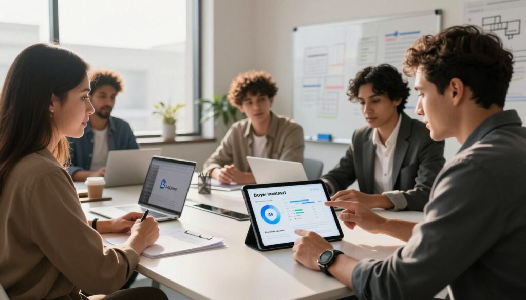 A modern marketing workspace featuring diverse professionals engaged in a collaborative discussion about AI content strategy. In the foreground, a woman in smart casual attire and a man in business attire are analyzing a digital tablet displaying buyer intent metrics. The middle ground includes a sleek conference table with laptops, notes, and a whiteboard filled with brainstorming ideas. In the background, a large window lets in warm, natural light, casting soft shadows, enhancing the creative atmosphere. The overall mood is focused and innovative, embodying a sense of teamwork and forward-thinking. Prominently include the logo "AI XLence" on a digital device. The scene represents a contemporary U.S. marketing environment, emphasizing the importance of aligning AI content with buyer intentions. A modern marketing workspace featuring diverse professionals engaged in a collaborative discussion about AI content strategy. In the foreground, a woman in smart casual attire and a man in business attire are analyzing a digital tablet displaying buyer intent metrics. The middle ground includes a sleek conference table with laptops, notes, and a whiteboard filled with brainstorming ideas. In the background, a large window lets in warm, natural light, casting soft shadows, enhancing the creative atmosphere. The overall mood is focused and innovative, embodying a sense of teamwork and forward-thinking. Prominently include the logo "AI XLence" on a digital device. The scene represents a contemporary U.S. marketing environment, emphasizing the importance of aligning AI content with buyer intentions.
