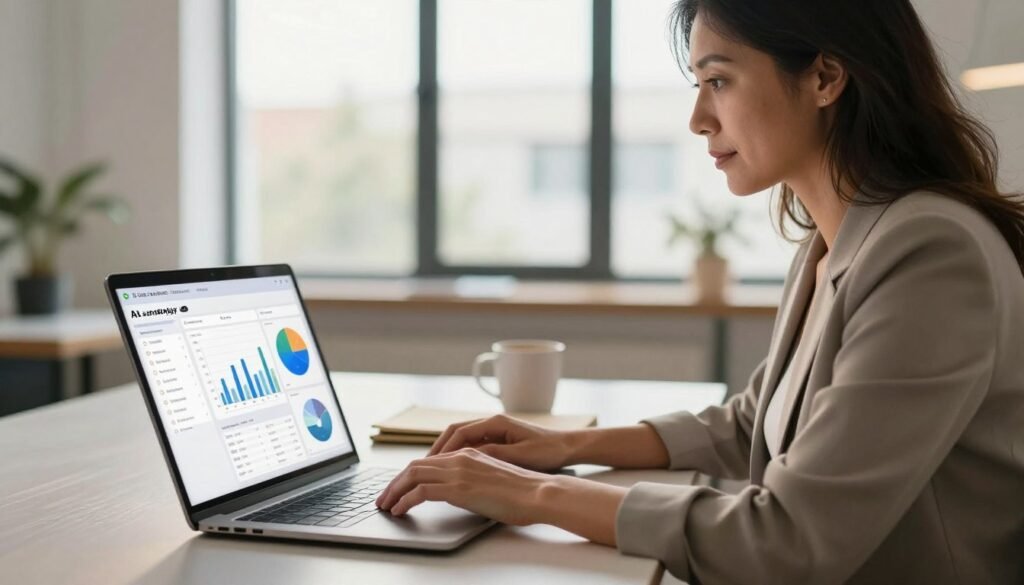 A modern, natural U.S. small business owner, a middle-aged woman in professional attire, sits at a sleek, contemporary desk, intently using a laptop. The foreground features a close-up of the laptop screen displaying an AI strategy dashboard, showcasing graphs and task lists focused on productivity enhancement. In the middle, subtle elements include a notepad and a coffee mug, symbolizing the everyday entrepreneurial environment. The background exhibits a bright, airy workspace with large windows letting in soft, natural light, creating an inviting atmosphere. The lighting is warm and professional, highlighting the owner's focused expression. The overall mood conveys determination and innovation, representing the intersection of small business and AI technology, illustrating the theme of taking strategic action on high-value tasks. A modern, natural U.S. small business owner, a middle-aged woman in professional attire, sits at a sleek, contemporary desk, intently using a laptop. The foreground features a close-up of the laptop screen displaying an AI strategy dashboard, showcasing graphs and task lists focused on productivity enhancement. In the middle, subtle elements include a notepad and a coffee mug, symbolizing the everyday entrepreneurial environment. The background exhibits a bright, airy workspace with large windows letting in soft, natural light, creating an inviting atmosphere. The lighting is warm and professional, highlighting the owner's focused expression. The overall mood conveys determination and innovation, representing the intersection of small business and AI technology, illustrating the theme of taking strategic action on high-value tasks.