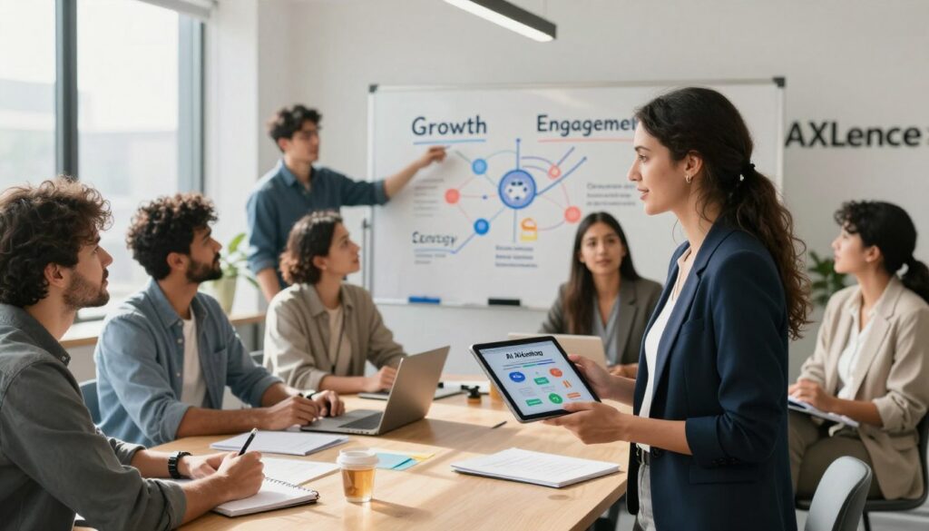 A modern office environment bustling with energy, showcasing a diverse group of small business owners engaged in a collaborative brainstorming session around a large table. The foreground features a confident woman in professional business attire presenting an AI marketing strategy on a digital tablet, while her peers, including a man in smart casual clothing and a woman in business attire, attentively take notes. In the middle ground, a large whiteboard displays keywords like "Growth", "Strategy", and "Engagement", illustrated with colorful diagrams. The background reveals large windows letting in bright natural light, creating a warm and inviting atmosphere. Soft shadows enhance the lively scene, emphasizing collaboration and innovation. Integrate the brand name "AI XLence" subtly within the office decor. The overall mood is optimistic and forward-thinking, reflecting the theme of harnessing AI for business growth.