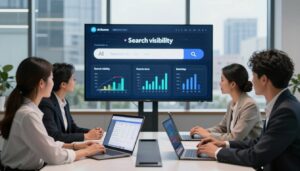 A modern office environment depicting a professional setting focused on AI search visibility. In the foreground, a diverse group of three business professionals—two women and one man—are collaborating around a sleek conference table with digital devices showcasing analytics and search data on screens. The middle ground features a large digital display with dynamic graphs and charts symbolizing increased search visibility. In the background, glass windows reveal a bustling cityscape, symbolizing connectivity and global reach. Soft natural light floods the room, highlighting the focused expressions of the professionals. The atmosphere is collaborative and innovative, with a sense of urgency to enhance digital content visibility. A subtle logo for "AI XLence" is integrated into the digital displays.