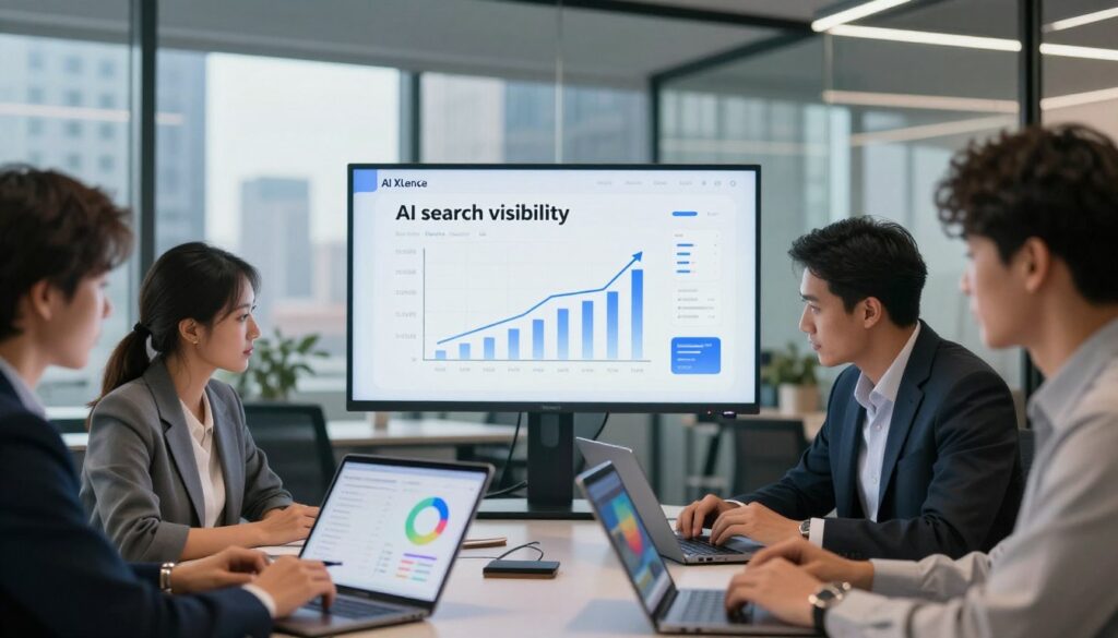A modern office environment depicting the concept of "AI search visibility" as it applies to small businesses. In the foreground, a diverse group of professionals, dressed in business attire, collaborates over digital devices like tablets and laptops, analyzing colorful graphs and metrics that represent SEO data. The middle ground showcases a large screen displaying the brand name "AI XLence" with visuals of upward-trending search results and keywords. The background features a glass wall with a view of a city skyline, symbolizing growth and opportunity in the digital age. Soft, natural lighting filters through the office, creating a productive yet inviting atmosphere, with a slight focus on the group's engaged expressions and teamwork.
