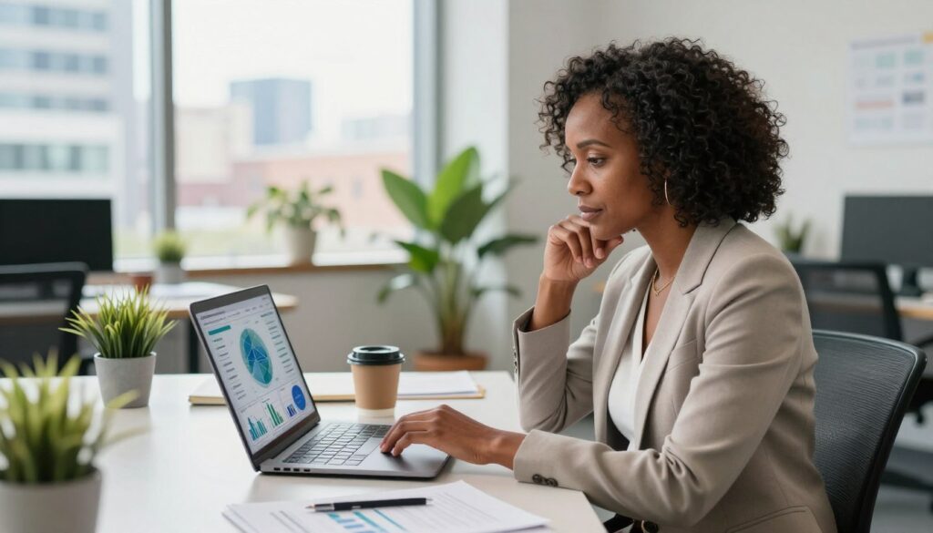 A modern office environment featuring a natural U.S. small business owner, a middle-aged Black woman in professional attire, seated at a sleek desk with a laptop open, displaying AI-generated data visuals. In the foreground, focus on her thoughtful expression as she analyzes the information, highlighting the interaction between human intuition and AI assistance. The middle ground showcases a bright workspace filled with plants, a coffee cup, and papers, creating a balanced atmosphere. In the background, a large window reveals a sunny cityscape, symbolizing progress and opportunity. The lighting is soft yet vibrant, suggesting a sense of clarity and focus. Capture the mood of collaboration between human and AI in decision-making, emphasizing empowerment and modernity.