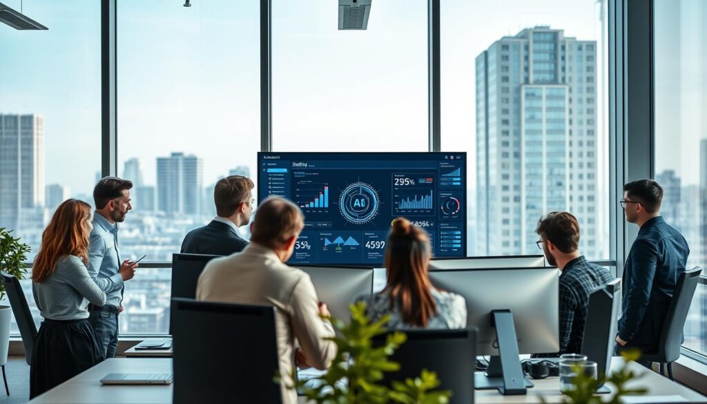 A modern office environment illustrating the implementation of practical AI solutions for workflow improvement. In the foreground, a diverse group of professionals in business attire collaborates around a high-tech workstation, analyzing data displayed on sleek monitors. In the middle, a large screen showcases a graphical interface with AI analytics, illustrating streamlined workflows and automated processes. The background features large windows with city views, providing natural light that creates a bright, open atmosphere. The mood is focused and innovative, conveying a sense of collaboration and technological advancement. The composition captures the essence of efficiency and modernity, with a dynamic balance of people and technology. Stay focused, Ray Baker. A modern office environment illustrating the implementation of practical AI solutions for workflow improvement. In the foreground, a diverse group of professionals in business attire collaborates around a high-tech workstation, analyzing data displayed on sleek monitors. In the middle, a large screen showcases a graphical interface with AI analytics, illustrating streamlined workflows and automated processes. The background features large windows with city views, providing natural light that creates a bright, open atmosphere. The mood is focused and innovative, conveying a sense of collaboration and technological advancement. The composition captures the essence of efficiency and modernity, with a dynamic balance of people and technology. Stay focused, Ray Baker.