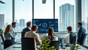 A modern office environment illustrating the implementation of practical AI solutions for workflow improvement. In the foreground, a diverse group of professionals in business attire collaborates around a high-tech workstation, analyzing data displayed on sleek monitors. In the middle, a large screen showcases a graphical interface with AI analytics, illustrating streamlined workflows and automated processes. The background features large windows with city views, providing natural light that creates a bright, open atmosphere. The mood is focused and innovative, conveying a sense of collaboration and technological advancement. The composition captures the essence of efficiency and modernity, with a dynamic balance of people and technology. Stay focused, Ray Baker.