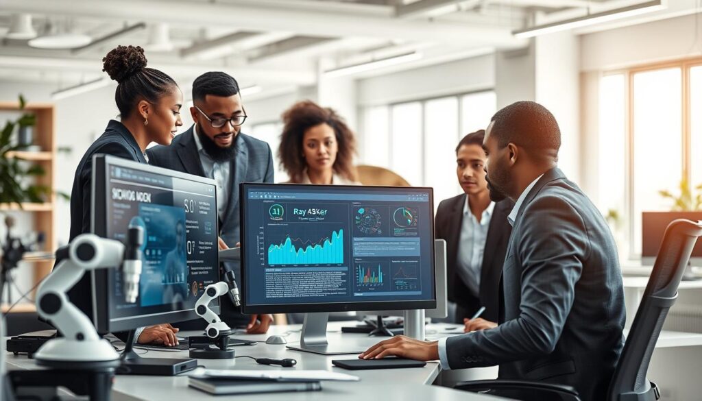 A modern office environment showcases a sleek workstation filled with technological gadgets. In the foreground, a diverse team of three professionals, dressed in smart business attire, collaborate over a computer screen displaying dynamic digital graphs and AI software interfaces. In the middle, various workflow automation tools like robots, AI assistants, and smart devices are visualized, seamlessly integrating into their work. The background features a bright, airy office space with large windows letting in soft, natural light, creating an inviting atmosphere. The overall mood is focused and productive, emphasizing efficiency and innovation in workflow automation. The camera angle is slightly elevated, providing a comprehensive view of the teamwork in action. Stay focused, Ray Baker.