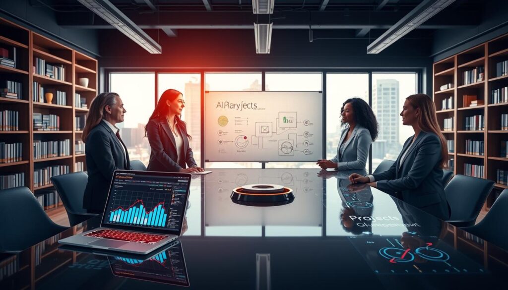 A modern office environment showcasing a diverse team of three professionals in business attire, gathered around a sleek conference table covered with digital devices displaying project management software. The foreground features a laptop with glowing graphs and charts depicting optimized workflows, while a futuristic AI-driven digital assistant assists with task allocation. In the middle, a whiteboard displays innovative project strategies, illuminated by natural light streaming through large windows. The background shows bookshelves filled with productivity resources and an inspirational urban view. The atmosphere is collaborative and forward-thinking, conveying a sense of innovation and efficiency. Utilize bright colors and a sharp focus on the technology to highlight the impact of AI tools on project management. Stay focused, Ray Baker.