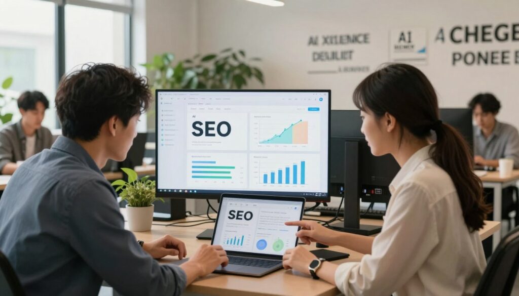 A modern office environment showcasing a small business team engaged in SEO automation. In the foreground, two professionals—one man and one woman—are intently discussing data on a laptop, both dressed in smart casual attire. The middle section features a large screen displaying analytics and graphs related to AI SEO, with subtle branding for "AI XLence". The background reveals a bright, spacious office filled with greenery and inspirational quotes on the walls, enhancing the atmosphere of innovation and collaboration. Soft, natural lighting pours in from large windows, creating a warm and inviting mood. The angle captures the dynamic interaction between the team and their focus on boosting small business visibility through AI-driven SEO strategies, without any text or distractions. A modern office environment showcasing a small business team engaged in SEO automation. In the foreground, two professionals—one man and one woman—are intently discussing data on a laptop, both dressed in smart casual attire. The middle section features a large screen displaying analytics and graphs related to AI SEO, with subtle branding for "AI XLence". The background reveals a bright, spacious office filled with greenery and inspirational quotes on the walls, enhancing the atmosphere of innovation and collaboration. Soft, natural lighting pours in from large windows, creating a warm and inviting mood. The angle captures the dynamic interaction between the team and their focus on boosting small business visibility through AI-driven SEO strategies, without any text or distractions.