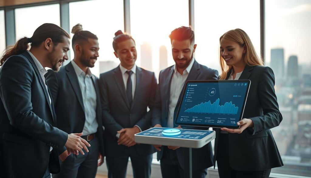 A modern office environment showcasing actionable strategies for integrating AI assistants in business. In the foreground, a diverse group of four professionals, dressed in smart business attire, engage in a collaborative discussion over a large digital tablet displaying data analytics and AI interface. In the middle, a sleek AI assistant device emits a soft blue glow, symbolizing technological advancement. The background features large windows with a city skyline, allowing bright, natural light to flood the space, creating an energetic atmosphere. The scene captures a balanced perspective, with a subtle depth of field emphasizing the professionals while keeping the cityscape in soft focus. The mood is dynamic and innovative, reflecting the future of business operations and teamwork. Stay focused, Ray Baker.