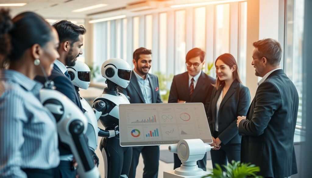 A modern office environment showcasing intelligent automation in customer service. In the foreground, a diverse group of professionals in smart business attire is engaged in a collaborative discussion around a sleek, high-tech interface displaying graphs and analytics. In the middle, robotic assistants and interactive screens seamlessly integrate with human agents, illustrating the harmony between technology and staff. The background features a bright, airy office space with large windows allowing natural light to flood in, fostering a positive ambiance. Soft, warm lighting enhances the friendly atmosphere, while a slight blur on the edges of the image suggests depth, drawing focus to the central interaction. Convey a sense of innovation and efficiency as cutting-edge automation tools enhance the customer service experience. Stay focused, Ray Baker. A modern office environment showcasing intelligent automation in customer service. In the foreground, a diverse group of professionals in smart business attire is engaged in a collaborative discussion around a sleek, high-tech interface displaying graphs and analytics. In the middle, robotic assistants and interactive screens seamlessly integrate with human agents, illustrating the harmony between technology and staff. The background features a bright, airy office space with large windows allowing natural light to flood in, fostering a positive ambiance. Soft, warm lighting enhances the friendly atmosphere, while a slight blur on the edges of the image suggests depth, drawing focus to the central interaction. Convey a sense of innovation and efficiency as cutting-edge automation tools enhance the customer service experience. Stay focused, Ray Baker.