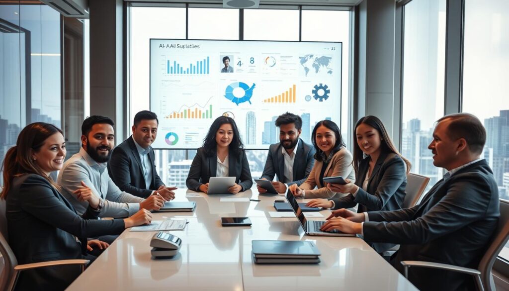 A modern office environment showcasing the theme of "AI for Small Business Solutions." In the foreground, a diverse group of professional individuals, dressed in smart business attire, is engaged in a brainstorming session around a sleek conference table. Their expressions reflect curiosity and collaboration, as they interact with digital devices displaying AI interfaces. The middle layer features a large screen displaying graphs and AI analytics that emphasize productivity, with visual elements like charts and icons representing various AI tools. In the background, large windows provide natural light, illuminating an urban skyline, creating a dynamic and inspiring atmosphere. The lighting is bright and inviting, suggesting efficiency and forward-thinking. The overall mood is one of innovation and entrepreneurial spirit. Stay focused, Ray Baker. A modern office environment showcasing the theme of "AI for Small Business Solutions." In the foreground, a diverse group of professional individuals, dressed in smart business attire, is engaged in a brainstorming session around a sleek conference table. Their expressions reflect curiosity and collaboration, as they interact with digital devices displaying AI interfaces. The middle layer features a large screen displaying graphs and AI analytics that emphasize productivity, with visual elements like charts and icons representing various AI tools. In the background, large windows provide natural light, illuminating an urban skyline, creating a dynamic and inspiring atmosphere. The lighting is bright and inviting, suggesting efficiency and forward-thinking. The overall mood is one of innovation and entrepreneurial spirit. Stay focused, Ray Baker.