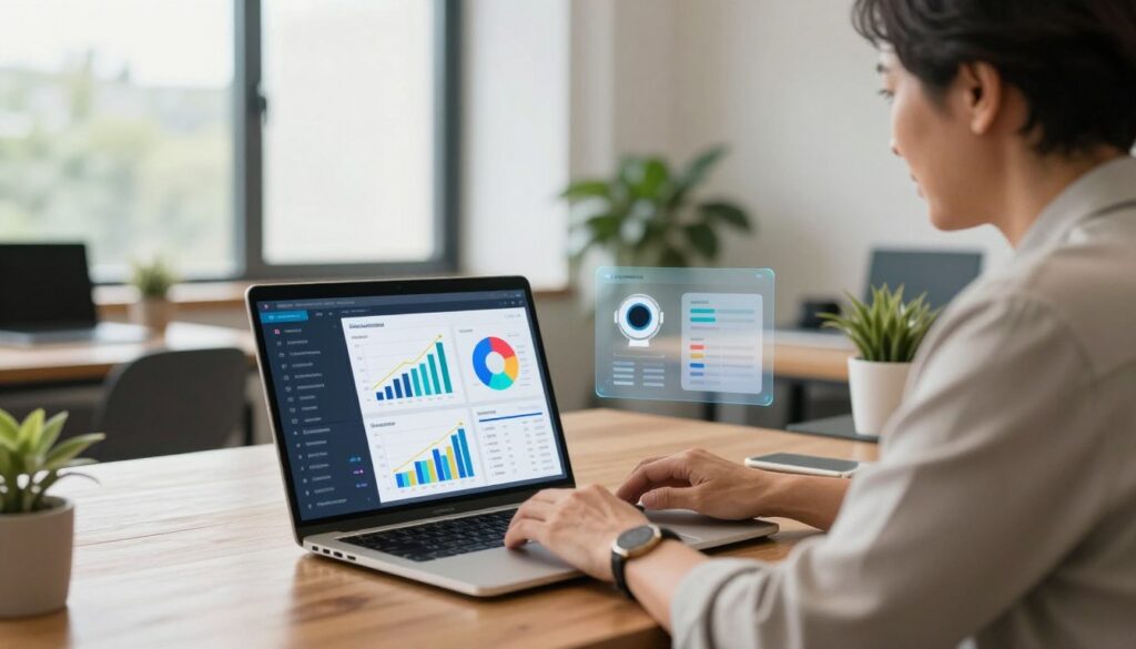 A modern office environment with a focused small business owner, a middle-aged individual wearing smart casual attire, using a laptop to interact with AI software. In the foreground, the laptop screen displays intuitive AI dashboards and various data analytics tools. The middle layer shows vibrant charts and graphs, symbolizing automation and business growth, while a digital assistant interface hovers nearby. In the background, large windows allow natural light to fill the room, highlighting polished wooden furniture and a few indoor plants for a fresh touch. The atmosphere is professional yet relaxed, conveying a sense of innovation and efficiency in business automation. The scene is shot with a soft focus to create a warm, inviting mood. A modern office environment with a focused small business owner, a middle-aged individual wearing smart casual attire, using a laptop to interact with AI software. In the foreground, the laptop screen displays intuitive AI dashboards and various data analytics tools. The middle layer shows vibrant charts and graphs, symbolizing automation and business growth, while a digital assistant interface hovers nearby. In the background, large windows allow natural light to fill the room, highlighting polished wooden furniture and a few indoor plants for a fresh touch. The atmosphere is professional yet relaxed, conveying a sense of innovation and efficiency in business automation. The scene is shot with a soft focus to create a warm, inviting mood.