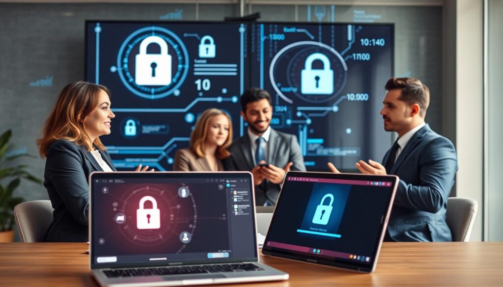 A modern office environment with diverse professionals engaged in a virtual meeting, showcasing a large screen displaying digital security visuals and lock icons symbolizing data privacy. In the foreground, a laptop with a secure connection notification highlights the importance of encryption. In the middle, a diverse group of four individuals in professional business attire discuss animatedly, with expressions of focus and concern, reflecting the significance of data security. The background features abstract digital elements, like binary code and glowing network connections, creating a futuristic atmosphere. Soft, natural lighting illuminates the scene, emphasizing professionalism and a sense of urgency. The image conveys a mood of vigilance and protection regarding data privacy in AI-driven tools. Stay focused, Ray Baker. A modern office environment with diverse professionals engaged in a virtual meeting, showcasing a large screen displaying digital security visuals and lock icons symbolizing data privacy. In the foreground, a laptop with a secure connection notification highlights the importance of encryption. In the middle, a diverse group of four individuals in professional business attire discuss animatedly, with expressions of focus and concern, reflecting the significance of data security. The background features abstract digital elements, like binary code and glowing network connections, creating a futuristic atmosphere. Soft, natural lighting illuminates the scene, emphasizing professionalism and a sense of urgency. The image conveys a mood of vigilance and protection regarding data privacy in AI-driven tools. Stay focused, Ray Baker.