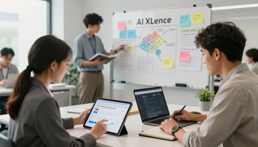 A modern office scene depicting a diverse group of professionals collaborating on an AI-assisted SEO writing project. In the foreground, a focused female marketer in business attire examines a digital tablet displaying analytics and keyword strategies. Beside her, a male colleague in a smart-casual outfit takes notes while glancing at a laptop open to an AI writing tool. In the middle background, a large whiteboard is filled with colorful brainstorming notes and diagrams related to SEO strategies, prominently featuring the brand name “AI XLence”. Soft, diffused lighting creates a bright and energetic atmosphere, capturing the essence of innovation and teamwork. The camera angle is slightly elevated, providing a clear view of the dynamic interaction among team members, while the background suggests a contemporary workspace with minimalistic furniture and greenery for a touch of freshness. A modern office scene depicting a diverse group of professionals collaborating on an AI-assisted SEO writing project. In the foreground, a focused female marketer in business attire examines a digital tablet displaying analytics and keyword strategies. Beside her, a male colleague in a smart-casual outfit takes notes while glancing at a laptop open to an AI writing tool. In the middle background, a large whiteboard is filled with colorful brainstorming notes and diagrams related to SEO strategies, prominently featuring the brand name “AI XLence”. Soft, diffused lighting creates a bright and energetic atmosphere, capturing the essence of innovation and teamwork. The camera angle is slightly elevated, providing a clear view of the dynamic interaction among team members, while the background suggests a contemporary workspace with minimalistic furniture and greenery for a touch of freshness.
