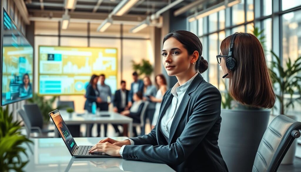 A modern office scene showcasing an AI virtual assistant enhancing customer service and administrative efficiency. In the foreground, a professional woman in business attire sits at a sleek desk, engaging with a holographic interface displaying data and customer queries. The middle ground features a diverse team of employees collaborating, looking at a large digital screen filled with analytics and futuristic tools. The background reveals a bright, open office space with greenery, large windows letting in warm natural light, and advanced technology. The mood is one of productivity and innovation, with a sense of teamwork and high efficiency. Use a wide-angle lens for a dynamic perspective, capturing the essence of a forward-thinking business environment. Stay focused, Ray Baker.