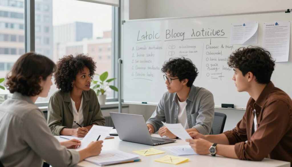 A modern office scene showcasing common mistakes in AI blog writing, styled for a U.S. marketing environment. In the foreground, a diverse group of professionals—a Black woman and a Hispanic man—are discussing a cluttered desk filled with papers, a laptop, and notes with crossed-out ideas. The middle ground features a whiteboard with keywords written incorrectly and crumpled drafts. In the background, a large window reveals a bustling cityscape, adding depth. Soft, natural lighting filters through the window, creating an inviting atmosphere. A sleek logo with "AI XLence" is subtly integrated into the scene. The image should reflect a focus on collaboration and learning from mistakes in AI content creation, capturing a constructive mood without distractions. A modern office scene showcasing common mistakes in AI blog writing, styled for a U.S. marketing environment. In the foreground, a diverse group of professionals—a Black woman and a Hispanic man—are discussing a cluttered desk filled with papers, a laptop, and notes with crossed-out ideas. The middle ground features a whiteboard with keywords written incorrectly and crumpled drafts. In the background, a large window reveals a bustling cityscape, adding depth. Soft, natural lighting filters through the window, creating an inviting atmosphere. A sleek logo with "AI XLence" is subtly integrated into the scene. The image should reflect a focus on collaboration and learning from mistakes in AI content creation, capturing a constructive mood without distractions.
