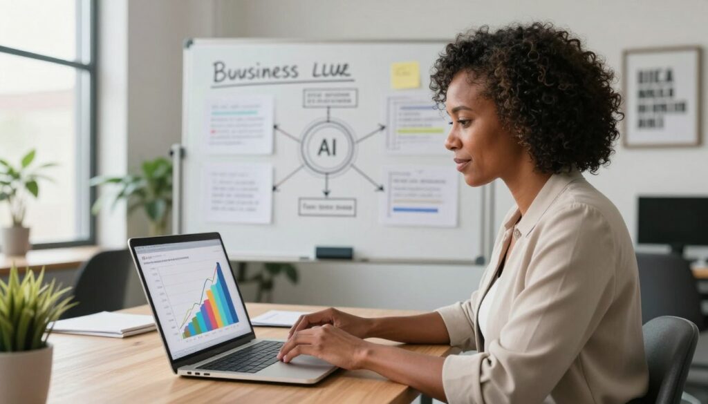 A modern office setting featuring a U.S. small business owner, a middle-aged Black woman, intently working on her laptop, analyzing AI-generated charts and graphs related to revenue growth. In the foreground, the laptop screen displays vibrant, colorful analytics showcasing upward trends in revenue. In the middle ground, a large whiteboard is filled with strategy notes and diagrams connecting AI processes to business tasks. The background contains contemporary office decor, including plants and framed motivational quotes. Soft, natural lighting streams in through large windows, creating a warm and inviting atmosphere. The overall mood is focused and productive, emphasizing the practical impact of AI on business success.