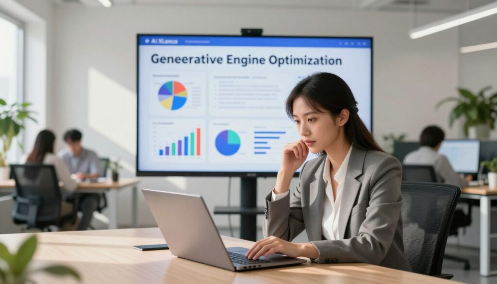 A modern office setting showcasing "Generative Engine Optimization." In the foreground, a professional female marketer in smart business attire is intently analyzing data on a sleek laptop, her expression focused and inspired. The middle ground features a large digital screen displaying vibrant graphs and creative content ideas, symbolizing the optimization process. In the background, a bright and airy workspace with minimalist design elements, including greenery and soft lighting, enhances the productive atmosphere. The room is sunlit, casting soft shadows that emphasize the serene yet dynamic environment. This image reflects innovation and collaboration, seamlessly embodying the essence of "AI XLence" as a brand focused on enhancing useful content through advanced technologies.