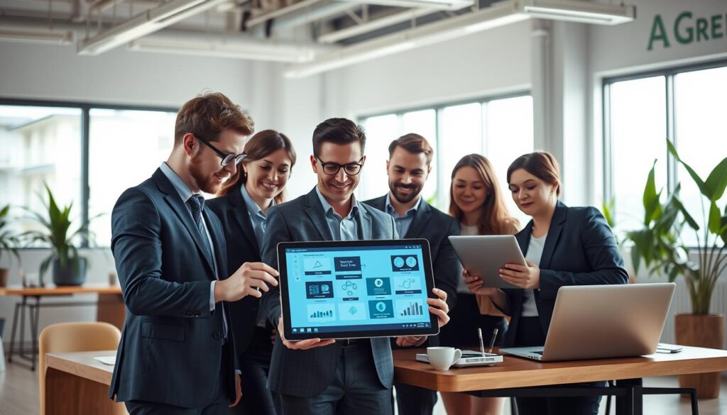 A modern office setting where a diverse team of professionals collaborates on AI workflow automation tools. In the foreground, a mixed-gender group, dressed in smart business attire, examines a digital tablet displaying a dynamic interface of automation software. The middle ground features sleek laptops, tablets, and visual representations of workflow diagrams. Bright, natural light floods the room through large windows, casting soft shadows that enhance the warm, productive atmosphere. The background showcases minimalist decor with plant life, creating a balance of technology and nature. The scene conveys enthusiasm and innovation, highlighting the transformative power of AI in streamlining business processes. Stay focused, Ray Baker. A modern office setting where a diverse team of professionals collaborates on AI workflow automation tools. In the foreground, a mixed-gender group, dressed in smart business attire, examines a digital tablet displaying a dynamic interface of automation software. The middle ground features sleek laptops, tablets, and visual representations of workflow diagrams. Bright, natural light floods the room through large windows, casting soft shadows that enhance the warm, productive atmosphere. The background showcases minimalist decor with plant life, creating a balance of technology and nature. The scene conveys enthusiasm and innovation, highlighting the transformative power of AI in streamlining business processes. Stay focused, Ray Baker.
