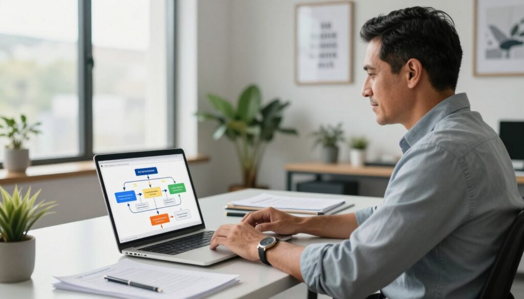 A modern office setting with a natural U.S. small business owner, a middle-aged man of Hispanic descent, sitting at a sleek desk using a laptop. In the foreground, the laptop screen displays a flowchart mapping out an AI automation workflow, with colorful arrows connecting various tasks. In the middle ground, documents and tools are organized neatly, symbolizing efficiency and order. The background features a large window with soft, natural light streaming in, illuminating indoor plants and framed motivational quotes on the walls, creating a productive and inspiring atmosphere. The overall mood is focused and professional, highlighting the process of strategizing before implementing automation tools in a small business context. A modern office setting with a natural U.S. small business owner, a middle-aged man of Hispanic descent, sitting at a sleek desk using a laptop. In the foreground, the laptop screen displays a flowchart mapping out an AI automation workflow, with colorful arrows connecting various tasks. In the middle ground, documents and tools are organized neatly, symbolizing efficiency and order. The background features a large window with soft, natural light streaming in, illuminating indoor plants and framed motivational quotes on the walls, creating a productive and inspiring atmosphere. The overall mood is focused and professional, highlighting the process of strategizing before implementing automation tools in a small business context.
