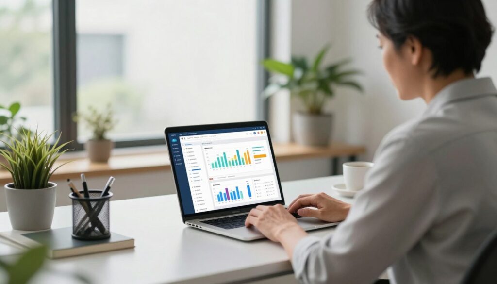 A modern office setting with a natural U.S. small business owner, a middle-aged person dressed in professional attire, sitting at a sleek desk, focused on a laptop displaying AI-driven automation tools. In the foreground, the laptop screen showcases an organized dashboard with graphs and automated workflows. In the middle background, a large window filters in soft, natural light, illuminating the workspace. Potted plants and minimalistic decor enhance the atmosphere, promoting productivity. The scene conveys an atmosphere of efficiency and innovation, highlighting the integration of AI in daily tasks. The overall lighting is bright and inviting, invoking a sense of modern professionalism and creativity, encouraging a workflow designed for speed and quality.