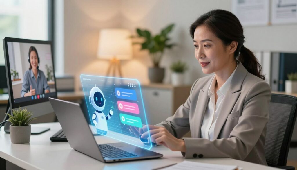 A modern office setting with a small business owner, a middle-aged Asian woman in professional attire, sitting at a sleek desk with a laptop open. The foreground features her interacting with a vibrant, holographic display representing AI-driven customer service, showcasing friendly chatbots and automated responses. The middle ground includes a warm, inviting workspace with plants and soft lighting, suggesting a welcoming atmosphere. In the background, blurred images of happy customers on a video call hint at the human touch in customer service. Use soft, natural lighting to create a friendly and trustworthy mood, captured from a slightly elevated angle to provide depth and showcase the interaction between technology and a human-centered approach in customer support. A modern office setting with a small business owner, a middle-aged Asian woman in professional attire, sitting at a sleek desk with a laptop open. The foreground features her interacting with a vibrant, holographic display representing AI-driven customer service, showcasing friendly chatbots and automated responses. The middle ground includes a warm, inviting workspace with plants and soft lighting, suggesting a welcoming atmosphere. In the background, blurred images of happy customers on a video call hint at the human touch in customer service. Use soft, natural lighting to create a friendly and trustworthy mood, captured from a slightly elevated angle to provide depth and showcase the interaction between technology and a human-centered approach in customer support.