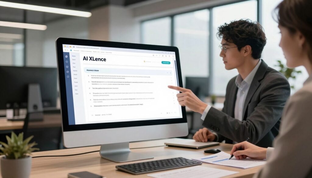 A modern office workspace showcasing "AI XLence" answer engines in action. In the foreground, a sleek desktop computer screen displays clear, concise answers highlighted on a user-friendly interface. Papers with data analytics and user feedback are scattered on the desk, hinting at optimization efforts. In the middle ground, a business professional in smart attire interacts with the screen, illustrating engagement with the AI-powered answers. The background features contemporary office design elements, with large windows allowing natural light to fill the space, creating an inviting atmosphere. Soft focus on the background enhances the main subject while warm lighting conveys a sense of productivity and innovation. The overall mood is dynamic and forward-thinking, ideal for highlighting the importance of clear answers for readers and search engines alike.