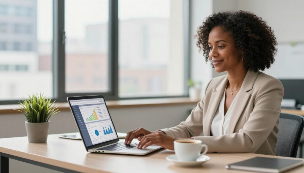 A modern small business owner, a middle-aged Black woman dressed in professional attire, sits at a sleek desk in a well-lit office. In the foreground, she intently uses a laptop displaying AI-driven software with graphs and workflows. The middle of the image features a potted plant and a cup of coffee, creating a cozy yet productive atmosphere. The background showcases a large window with natural light pouring in, revealing a bustling cityscape. The mood is hopeful and inspiring, emphasizing the power of AI to streamline processes and enhance revenue growth. The image captures a moment of focus and determination, highlighting the integration of technology in everyday business operations. A modern small business owner, a middle-aged Black woman dressed in professional attire, sits at a sleek desk in a well-lit office. In the foreground, she intently uses a laptop displaying AI-driven software with graphs and workflows. The middle of the image features a potted plant and a cup of coffee, creating a cozy yet productive atmosphere. The background showcases a large window with natural light pouring in, revealing a bustling cityscape. The mood is hopeful and inspiring, emphasizing the power of AI to streamline processes and enhance revenue growth. The image captures a moment of focus and determination, highlighting the integration of technology in everyday business operations.