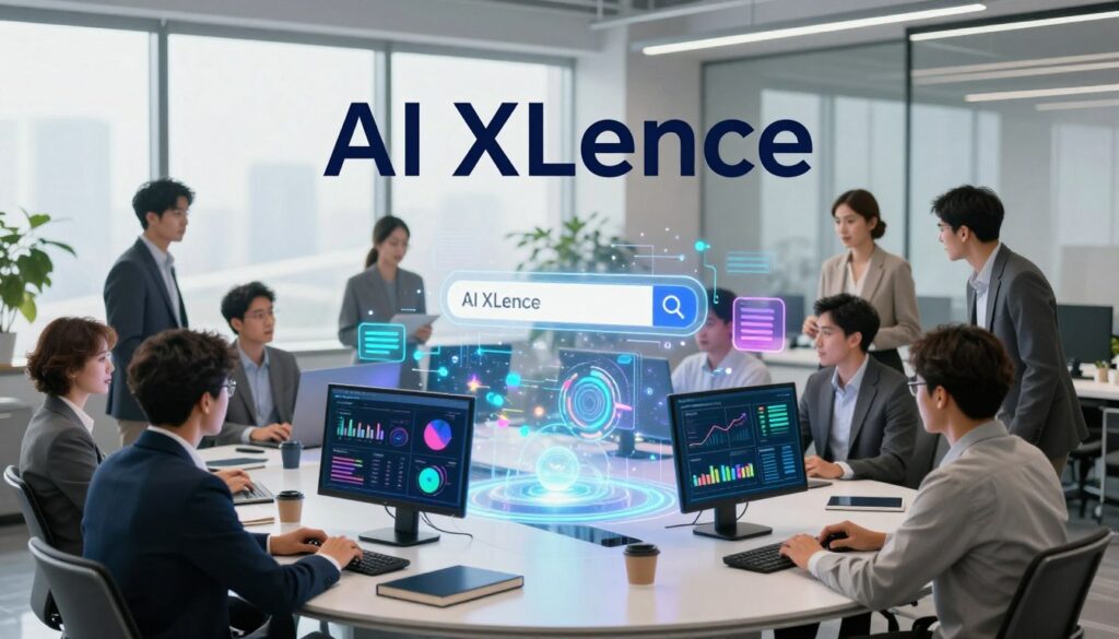 A modern, visually striking conceptual illustration of "AI search optimization," centered on the brand name "AI XLence." In the foreground, a diverse group of professionals in business attire are engaged in a collaborative brainstorming session, surrounded by digital screens displaying analytics and colorful data visuals. The middle ground features interactive holographic elements, representing dynamic algorithms and search queries, glowing and floating above a sleek conference table. In the background, a bright office environment with large windows allows natural light to filter in, creating a motivating atmosphere that symbolizes innovation and growth. The camera angle should be slightly elevated, providing a wide perspective that captures the synergy and focus of the team. The overall mood is energetic and forward-thinking, emphasizing the intersection of AI technology and effective content strategies. A modern, visually striking conceptual illustration of "AI search optimization," centered on the brand name "AI XLence." In the foreground, a diverse group of professionals in business attire are engaged in a collaborative brainstorming session, surrounded by digital screens displaying analytics and colorful data visuals. The middle ground features interactive holographic elements, representing dynamic algorithms and search queries, glowing and floating above a sleek conference table. In the background, a bright office environment with large windows allows natural light to filter in, creating a motivating atmosphere that symbolizes innovation and growth. The camera angle should be slightly elevated, providing a wide perspective that captures the synergy and focus of the team. The overall mood is energetic and forward-thinking, emphasizing the intersection of AI technology and effective content strategies.