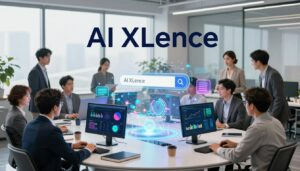 A modern, visually striking conceptual illustration of "AI search optimization," centered on the brand name "AI XLence." In the foreground, a diverse group of professionals in business attire are engaged in a collaborative brainstorming session, surrounded by digital screens displaying analytics and colorful data visuals. The middle ground features interactive holographic elements, representing dynamic algorithms and search queries, glowing and floating above a sleek conference table. In the background, a bright office environment with large windows allows natural light to filter in, creating a motivating atmosphere that symbolizes innovation and growth. The camera angle should be slightly elevated, providing a wide perspective that captures the synergy and focus of the team. The overall mood is energetic and forward-thinking, emphasizing the intersection of AI technology and effective content strategies.