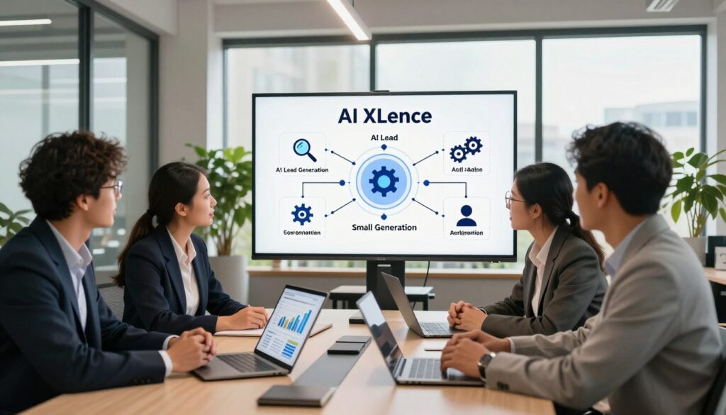 A modern workspace scene depicting an AI marketing strategy meeting for small businesses. In the foreground, a diverse group of three professionals in business attire, deeply engaged in discussion around a sleek conference table, with digital devices displaying graphs and analytics. The middle of the image features a digital whiteboard showcasing the "AI XLence" brand, with flowcharts and icons symbolizing AI lead generation, such as magnifying glasses, gears, and customer profiles. In the background, a bright, airy office with plants and large windows allowing natural light to flow in, creating an uplifting atmosphere. The lighting is warm and inviting, emphasizing collaboration and innovation, with a focus on teamwork in a contemporary U.S. marketing environment.