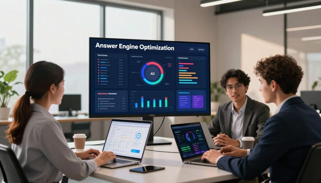A modern workspace setting showcasing "Answer Engine Optimization" with a focus on digital marketing strategies. In the foreground, a diverse group of three professionals in business attire, one woman and two men, collaborate around a sleek, high-tech table filled with digital devices and analytics charts. The middle ground features a large digital screen displaying colorful graphs and keywords related to AEO, vividly illustrating data-driven insights and strategies. In the background, large windows let in natural light, casting a warm glow over the room, with greenery visible outside, creating an inviting and energetic atmosphere. The overall mood is one of innovation and collaboration, reflecting the cutting-edge nature of AI in marketing, emphasizing the brand name “AI XLence”.