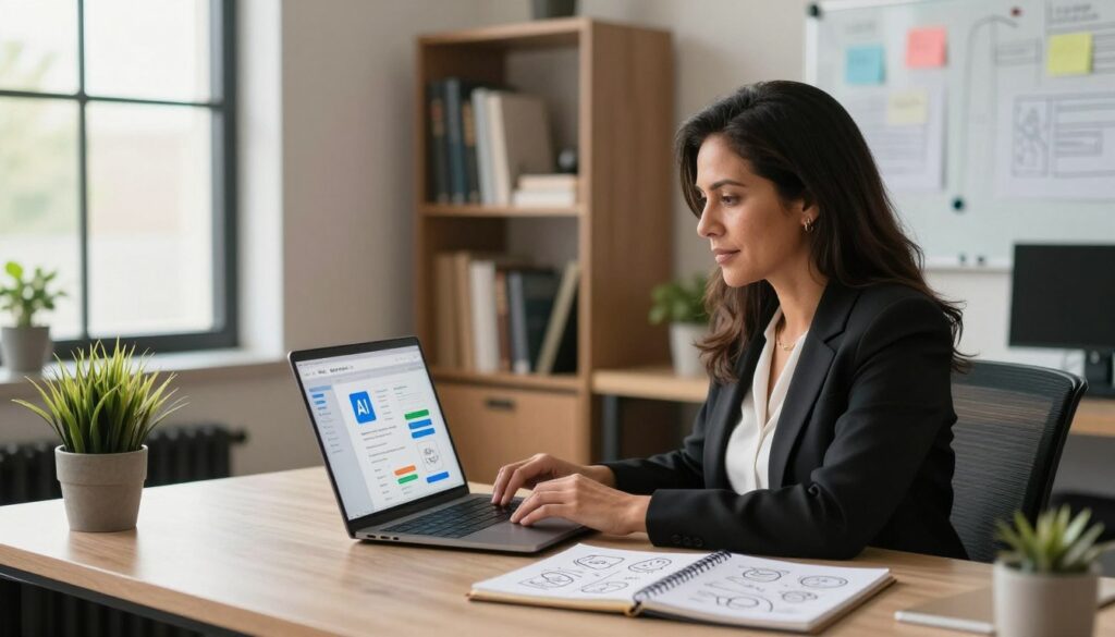 A natural U.S. small business owner, a middle-aged Hispanic woman, sits at a modern, sleek desk in a well-lit, airy office space. She is dressed in professional business attire, focused on her laptop, where various AI tools and applications are displayed on the screen. The foreground features a potted plant and a notepad with sketches of business strategies. In the middle ground, a window reveals a bright day outside, symbolizing growth and opportunity. The background includes bookshelves filled with business books and a whiteboard with brainstorming notes. The lighting is warm and inviting, creating a sense of productivity and innovation. The atmosphere is professional yet approachable, perfect for conveying the importance of AI tools for business owners.