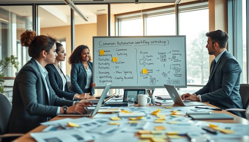 A professional business team in a bright, modern office setting depicts a workshop on workflow automation. In the foreground, a diverse group of three individuals, two women and one man, are engaged in a brainstorming session at a conference table cluttered with laptops, charts, and automation flow diagrams. They are dressed in professional business attire, exuding focus and collaboration. In the middle, a whiteboard with handwritten notes highlights common automation pitfalls and solution strategies, surrounded by sticky notes. The background features large windows with natural light flooding in, creating an open and productive atmosphere. The mood conveys diligence and teamwork, emphasizing the importance of avoiding mistakes in automation. The overall scene is dynamic yet professional, captured with a slightly elevated angle, using warm lighting to enhance the inviting environment. Stay focused, Ray Baker. A professional business team in a bright, modern office setting depicts a workshop on workflow automation. In the foreground, a diverse group of three individuals, two women and one man, are engaged in a brainstorming session at a conference table cluttered with laptops, charts, and automation flow diagrams. They are dressed in professional business attire, exuding focus and collaboration. In the middle, a whiteboard with handwritten notes highlights common automation pitfalls and solution strategies, surrounded by sticky notes. The background features large windows with natural light flooding in, creating an open and productive atmosphere. The mood conveys diligence and teamwork, emphasizing the importance of avoiding mistakes in automation. The overall scene is dynamic yet professional, captured with a slightly elevated angle, using warm lighting to enhance the inviting environment. Stay focused, Ray Baker.