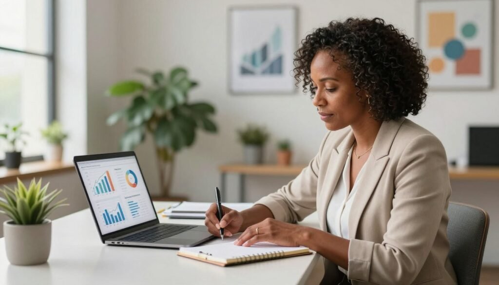A professional setting featuring a small business owner, a middle-aged Black woman, dressed in smart casual clothing, seated at a modern desk with a laptop open. In the foreground, she is attentively documenting her AI strategy on a notepad beside her laptop. The middle ground reveals charts and graphs displayed on her laptop screen that illustrate her business metrics and AI implementation plans. The background showcases a bright, inviting office space with plants and motivational artwork on the walls, contributing to a sense of growth and optimism. Soft, natural lighting filters in through a window, casting a warm ambiance over the scene, capturing a mood of focused determination and strategic planning. A professional setting featuring a small business owner, a middle-aged Black woman, dressed in smart casual clothing, seated at a modern desk with a laptop open. In the foreground, she is attentively documenting her AI strategy on a notepad beside her laptop. The middle ground reveals charts and graphs displayed on her laptop screen that illustrate her business metrics and AI implementation plans. The background showcases a bright, inviting office space with plants and motivational artwork on the walls, contributing to a sense of growth and optimism. Soft, natural lighting filters in through a window, casting a warm ambiance over the scene, capturing a mood of focused determination and strategic planning.