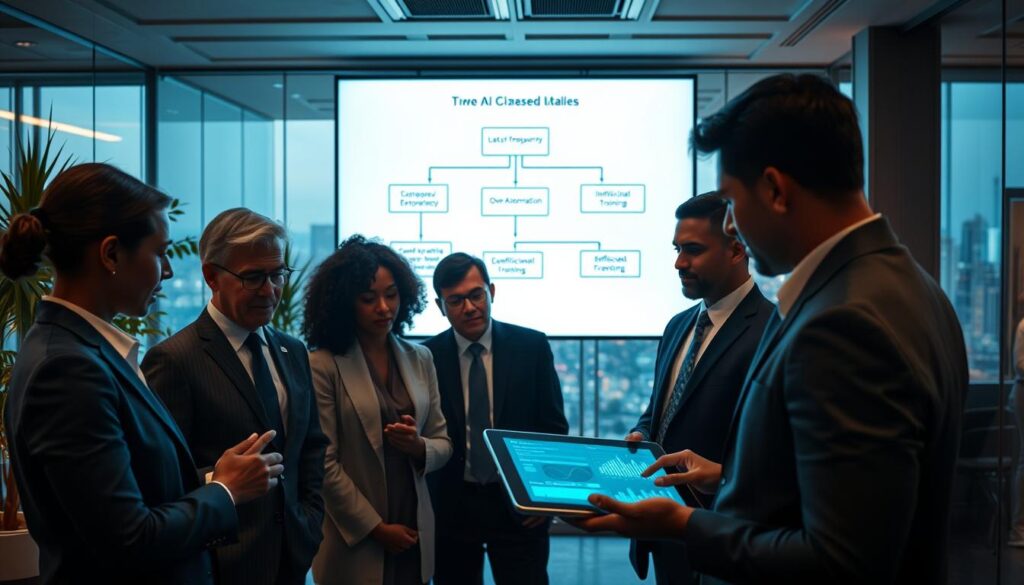A professional setting illustrating common pitfalls in AI adoption for customer service. In the foreground, a diverse group of business professionals, dressed in sharp business attire, are engaged in a discussion around a digital tablet displaying complex data visuals. In the middle ground, a large screen showcases a flowchart with potential AI pitfalls such as “Lack of Transparency,” “Over-Automation,” and “Insufficient Training,” illuminated with soft, focused lighting. The background features a sleek, modern office environment with glass walls, plants, and a cityscape view. The overall mood is one of collaboration and problem-solving, emphasizing the importance of navigating challenges in AI implementation. Dim, warm light subtly enhances a productive atmosphere. Stay focused, Ray Baker.