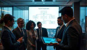 A professional setting illustrating common pitfalls in AI adoption for customer service. In the foreground, a diverse group of business professionals, dressed in sharp business attire, are engaged in a discussion around a digital tablet displaying complex data visuals. In the middle ground, a large screen showcases a flowchart with potential AI pitfalls such as “Lack of Transparency,” “Over-Automation,” and “Insufficient Training,” illuminated with soft, focused lighting. The background features a sleek, modern office environment with glass walls, plants, and a cityscape view. The overall mood is one of collaboration and problem-solving, emphasizing the importance of navigating challenges in AI implementation. Dim, warm light subtly enhances a productive atmosphere. Stay focused, Ray Baker.
