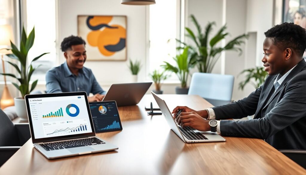 A professional workspace featuring small business representatives engaged in a discussion about AI customer service tools. In the foreground, two businesspersons—one Asian and one African American—are seated at a modern conference table, using laptops and tablets that display analytics and service interfaces. The middle ground showcases AI customer service software visualizations, with charts and graphs on the screens depicting customer satisfaction metrics. The background reveals a bright, welcoming office environment with plants and abstract wall art. Soft, natural lighting filters through large windows, creating a positive and innovative atmosphere. The composition should be sharp and inviting, emphasizing collaboration and technology. Stay focused, Ray Baker.