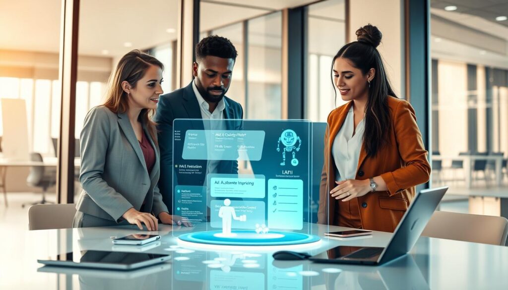 A sleek, modern office environment acts as the background, featuring a large window with bright daylight streaming in. In the foreground, a diverse group of three professionals—one Caucasian woman, one Black man, and one Hispanic woman—collaborates around a high-tech table. They are dressed in smart casual attire, discussing data displayed on a holographic screen showcasing AI chatbot interactions and customer inquiries. The middle ground showcases various smart devices, like tablets and laptops, reinforcing the theme of AI-driven customer service solutions. Warm, inviting colors create a positive, energetic atmosphere. The camera angle is slightly elevated, giving a dynamic view of the collaboration in action. Stay focused, Ray Baker. A sleek, modern office environment acts as the background, featuring a large window with bright daylight streaming in. In the foreground, a diverse group of three professionals—one Caucasian woman, one Black man, and one Hispanic woman—collaborates around a high-tech table. They are dressed in smart casual attire, discussing data displayed on a holographic screen showcasing AI chatbot interactions and customer inquiries. The middle ground showcases various smart devices, like tablets and laptops, reinforcing the theme of AI-driven customer service solutions. Warm, inviting colors create a positive, energetic atmosphere. The camera angle is slightly elevated, giving a dynamic view of the collaboration in action. Stay focused, Ray Baker.
