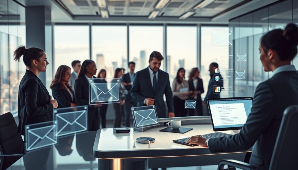 A sleek, modern office environment showcases advanced technologies in email management. In the foreground, a diverse group of professionals, dressed in smart business attire, are engaged with interactive holographic interfaces displaying email analytics, AI tools, and smart folders. The middle ground features a futuristic workstation with a high-tech computer, ambient LED lighting, and floating screens showing organized and prioritized email lists. In the background, large windows reveal a cityscape bathed in natural light, emphasizing productivity and innovation. Soft, cool colors create a professional atmosphere, while dynamic shadows add depth. Use a wide angle lens to capture the collaborative spirit and seamless integration of AI into everyday email tasks. Stay focused, Ray Baker.