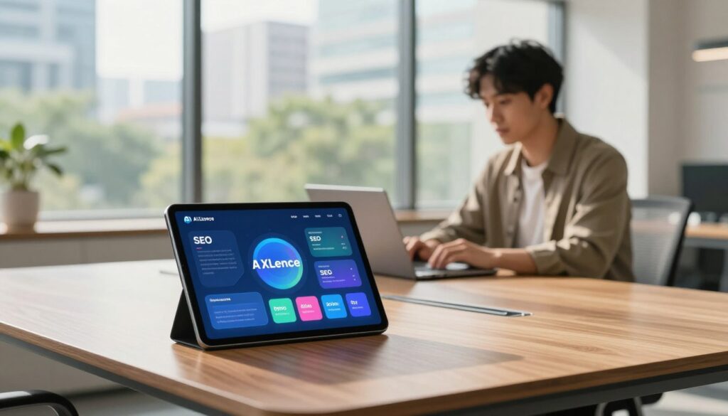A sleek, modern office setting, with a bright and inviting atmosphere. In the foreground, a large, elegant wooden desk displays a digital tablet showing the "AI XLence" logo, accompanied by vibrant infographics of SEO keywords and content opportunities. The background features a large window with natural light streaming in, overlooking a lively urban landscape filled with greenery. Soft, diffused lighting creates a warm vibe, while a professional individual in smart casual attire analyzes data on a laptop, looking engaged and focused. The overall mood exudes innovation and professionalism, fitting for a discussion on AI-driven keyword research without any text or distractions.