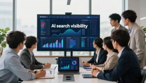 A visually striking representation of "AI search visibility" set in a modern U.S. marketing office, focusing on digital analytics. In the foreground, a diverse group of professionals in business attire is gathered around a sleek conference table, examining vibrant graphs and data on a laptop, highlighting mistakes that reduce AI search visibility. The middle layer features a large interactive digital screen displaying fluctuating metrics and analytics with an engaging design, symbolizing the AI element. In the background, large windows provide natural daylight, creating a warm, inviting atmosphere. Use soft, diffused lighting to enhance clarity, with a slightly elevated angle to capture the dynamism of the meeting. The brand "AI XLence" is subtly integrated into the design elements without text, ensuring a seamless blend with the environment. The overall mood is professional, collaborative, and innovative.
